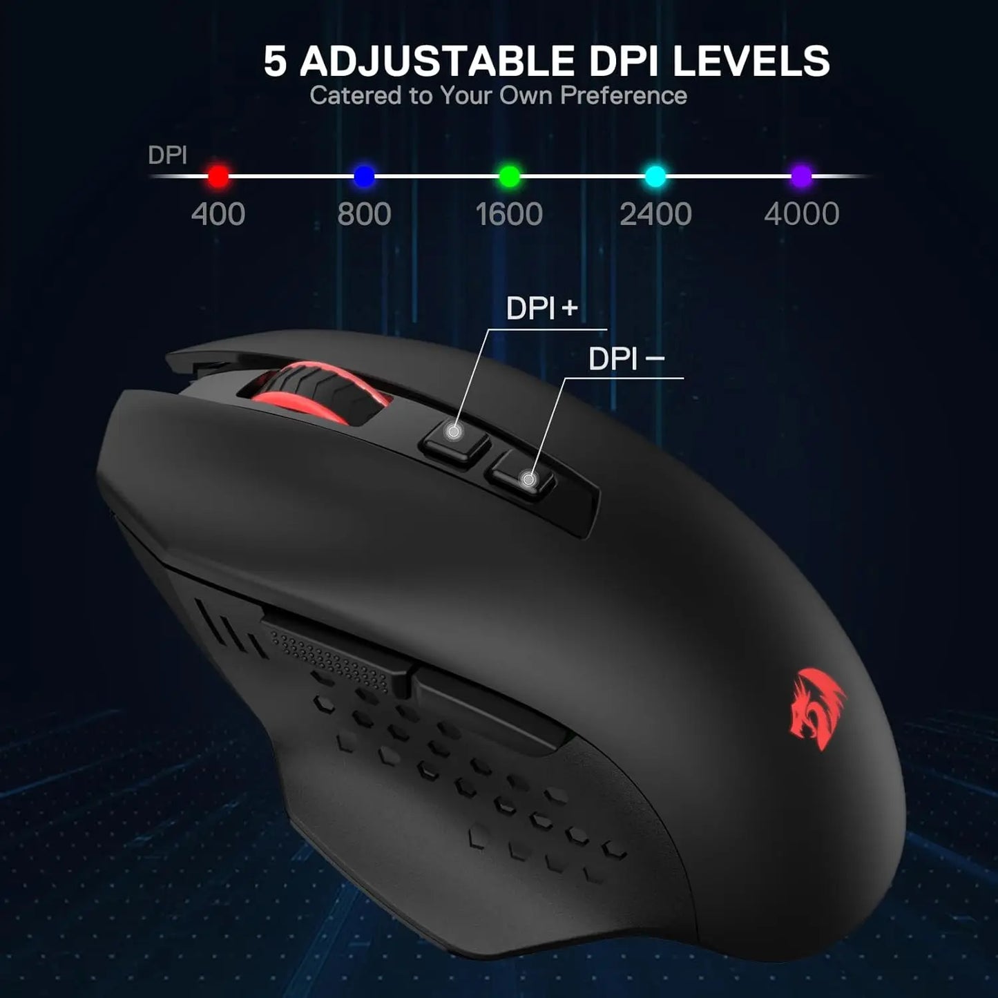 Redragon M656 MAX 3-Mode Wireless Gaming Mouse 10000 DPI Rechargeable Gaming Mice 5 DPI Levels, 7 Macro Buttons, RGB Backlight