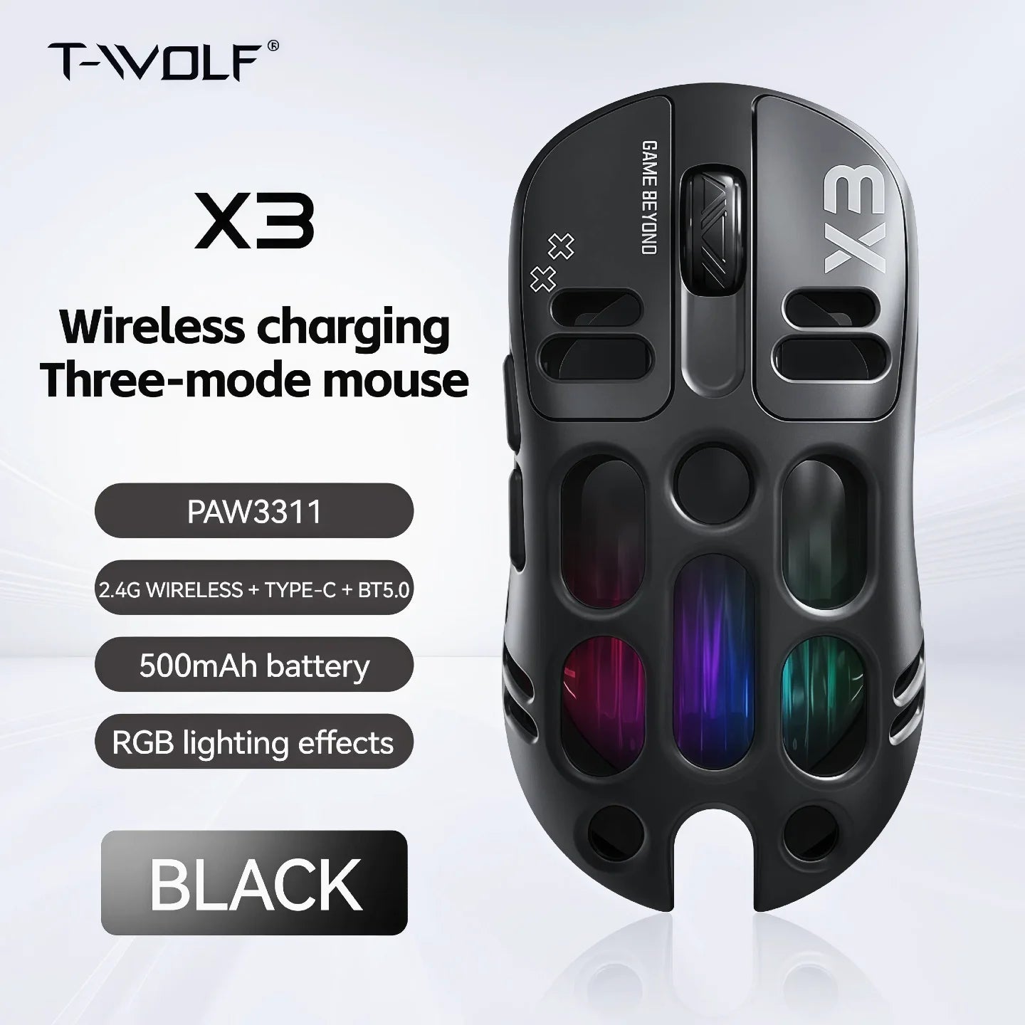 Wireless Gaming Mouse Tri-Mode BT5.1/2.4G/USB-C, 70g Lightweight RGB Rechargeable Mouse, 8000 DPI Sensor, 5 Programmable Buttons for PC Laptop
