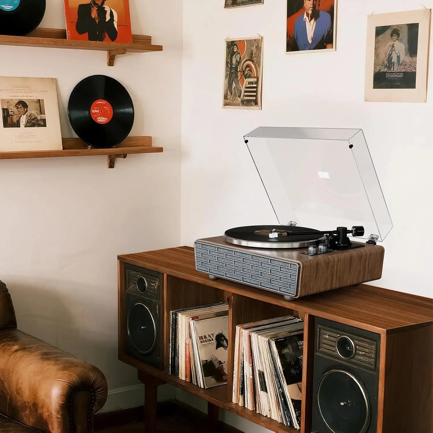 Vinyl Record Player with 4 Speakers and Bluetooth, 2-Speed Turntable with AUX In, RCA Out, Dust Cover