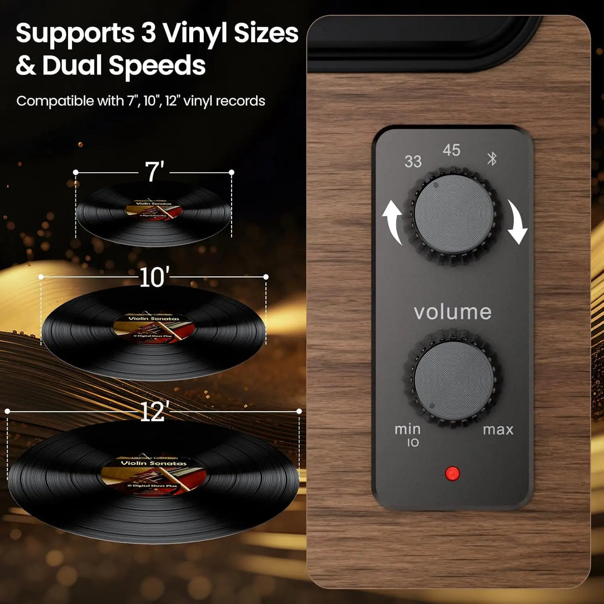 Vinyl Record Player with 4 Speakers and Bluetooth, 2-Speed Turntable with AUX In, RCA Out, Dust Cover
