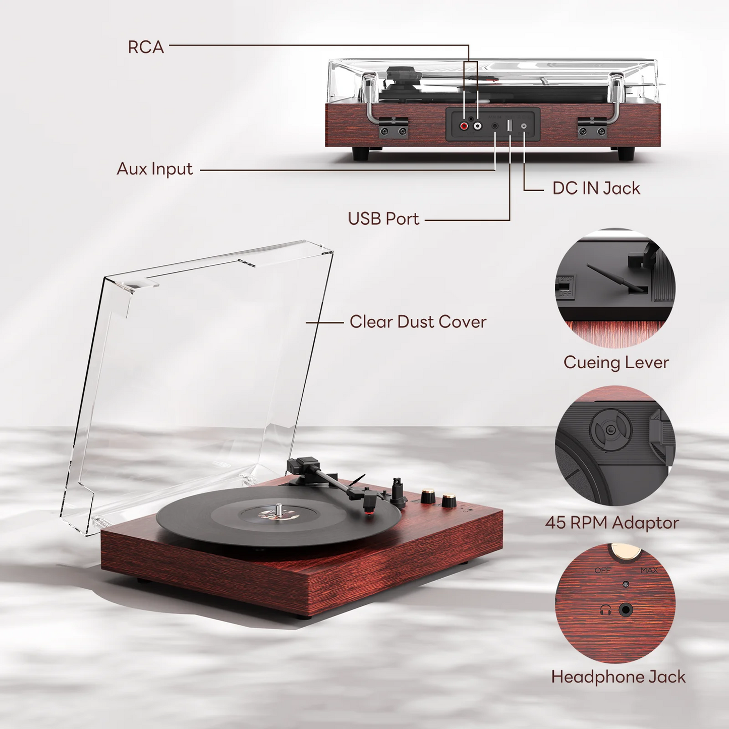 MAIO E300 Record Player, 3-Speed 33/45/78RPM Vinyl Spinner with 2 Built-in Stereo Speakers, Headphone Jack