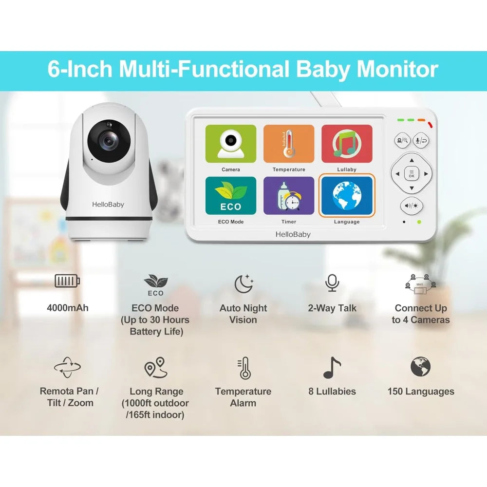 Baby Monitor with 2 Cameras, Large 6'' Video Baby Monitor No WiFi,30-Hour Long Battery, 320° Pan-Tilt Camera with 2X Zoom, Auto