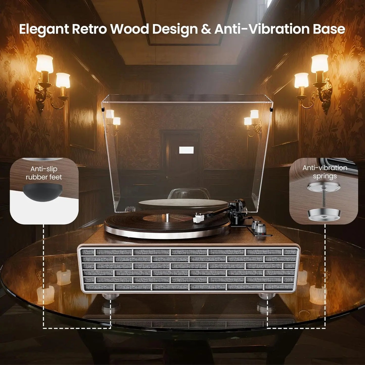 Vinyl Record Player with 4 Speakers and Bluetooth, 2-Speed Turntable with AUX In, RCA Out, Dust Cover