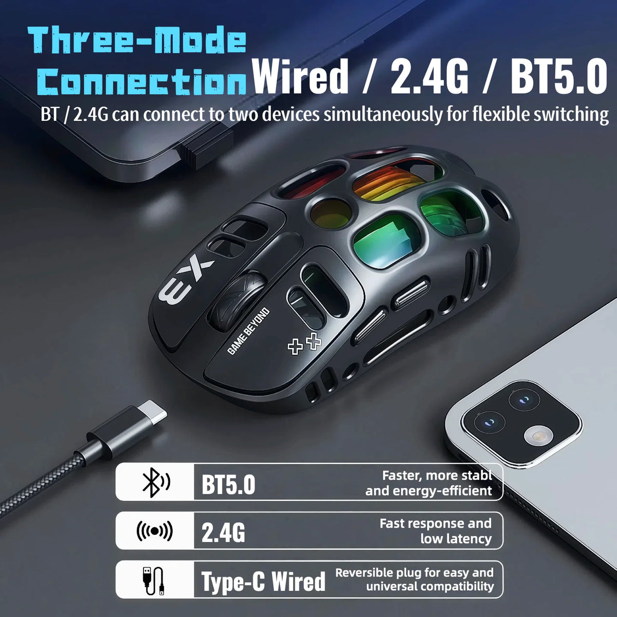 Wireless Gaming Mouse Tri-Mode BT5.1/2.4G/USB-C, 70g Lightweight RGB Rechargeable Mouse, 8000 DPI Sensor, 5 Programmable Buttons for PC Laptop