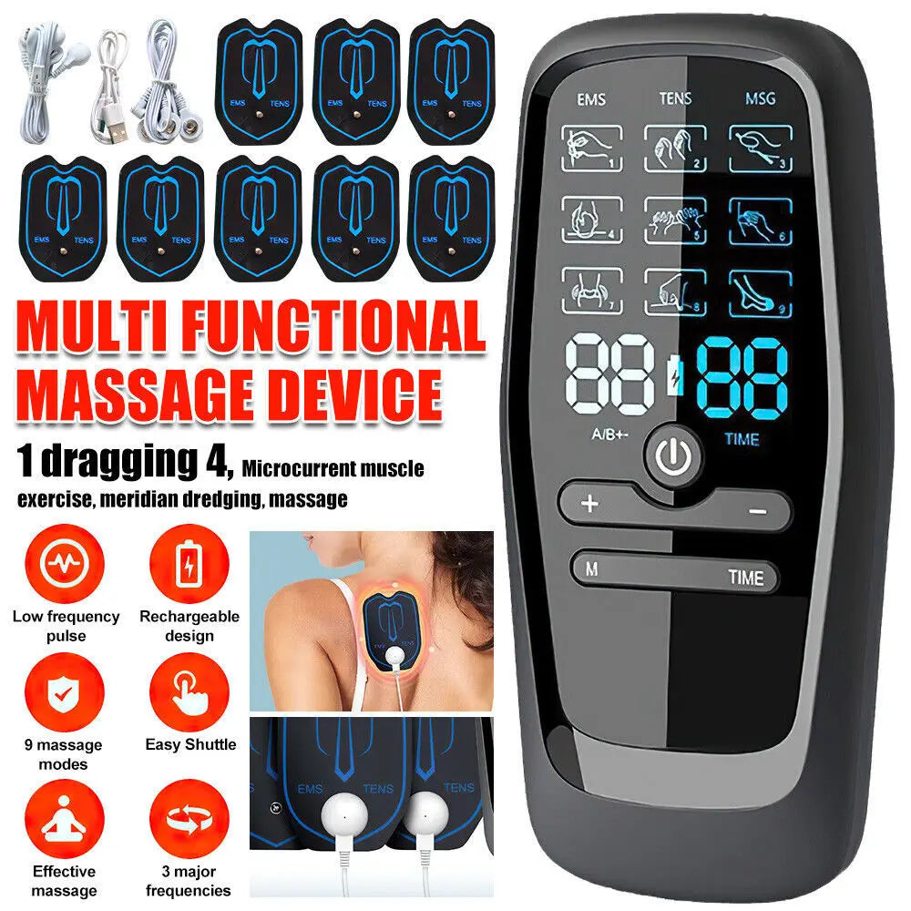 Tens Electric Pulse Massage TENS Massager EMS Muscle Stimulator Acupuncture Rechargable Dual Output Low Frequency Body Pain Relief