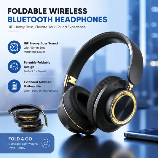 Foldable Bluetooth Headphones Wireless Gaming Headset Bluetooth 5.3 Over Ear HiFi Heavy Bass Stereo Sound Deep Bass Extended Battery Life Comfortable Over Ear Fit Built-in Mic For PC Phone Laptop Portable Travel Earphones Wit