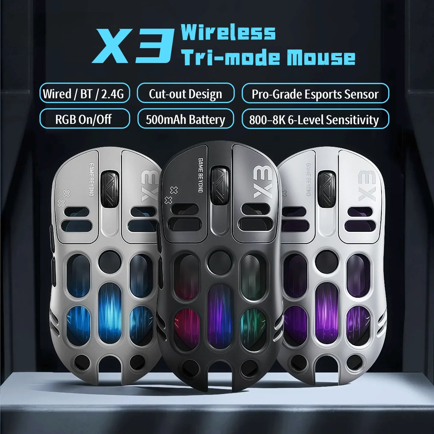 Wireless Gaming Mouse Tri-Mode BT5.1/2.4G/USB-C, 70g Lightweight RGB Rechargeable Mouse, 8000 DPI Sensor, 5 Programmable Buttons for PC Laptop