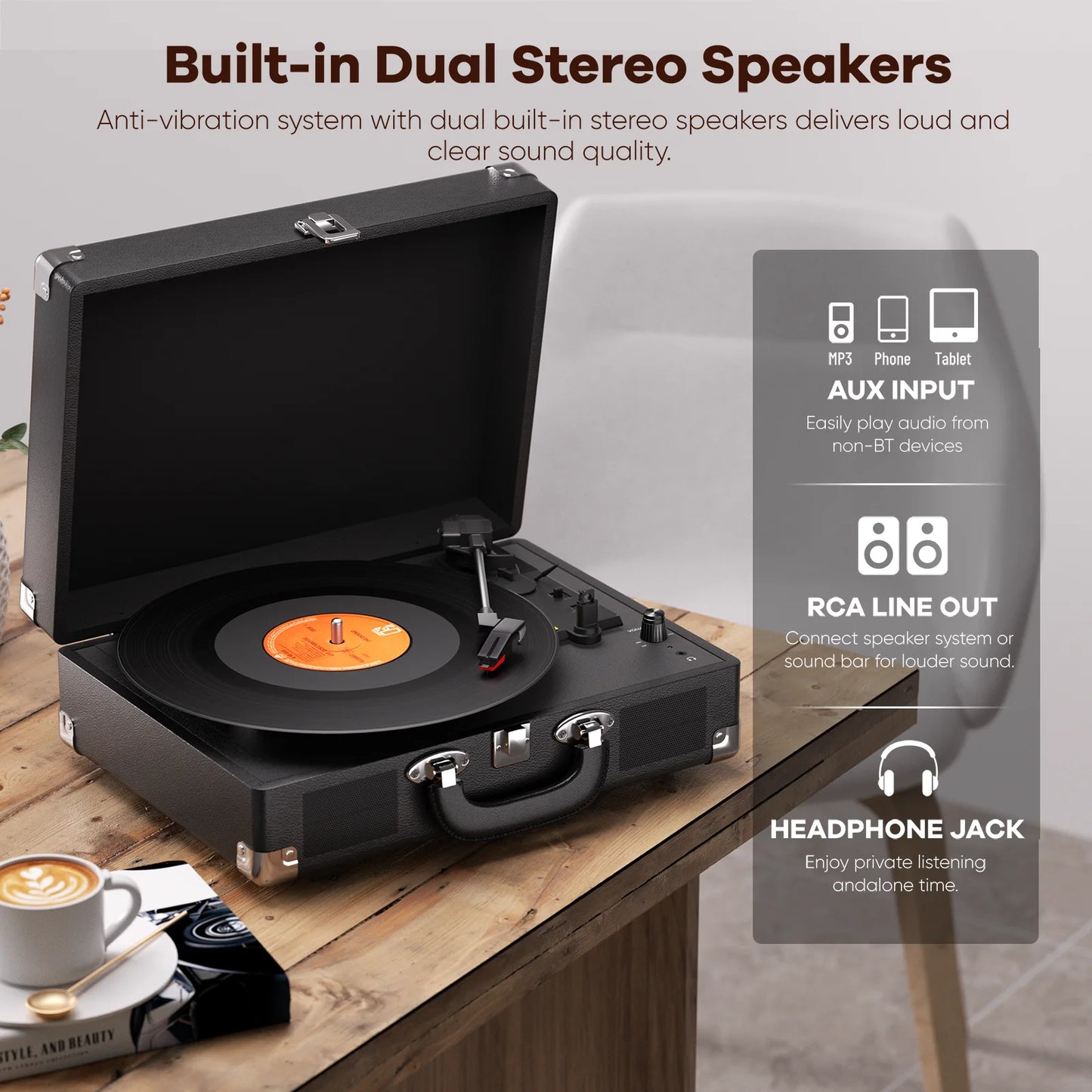 MAIO  Record Player, 3-Speed 33/45/78RPM Vinyl Spinner with 2 Built-in Stereo Speakers, Headphone Jack