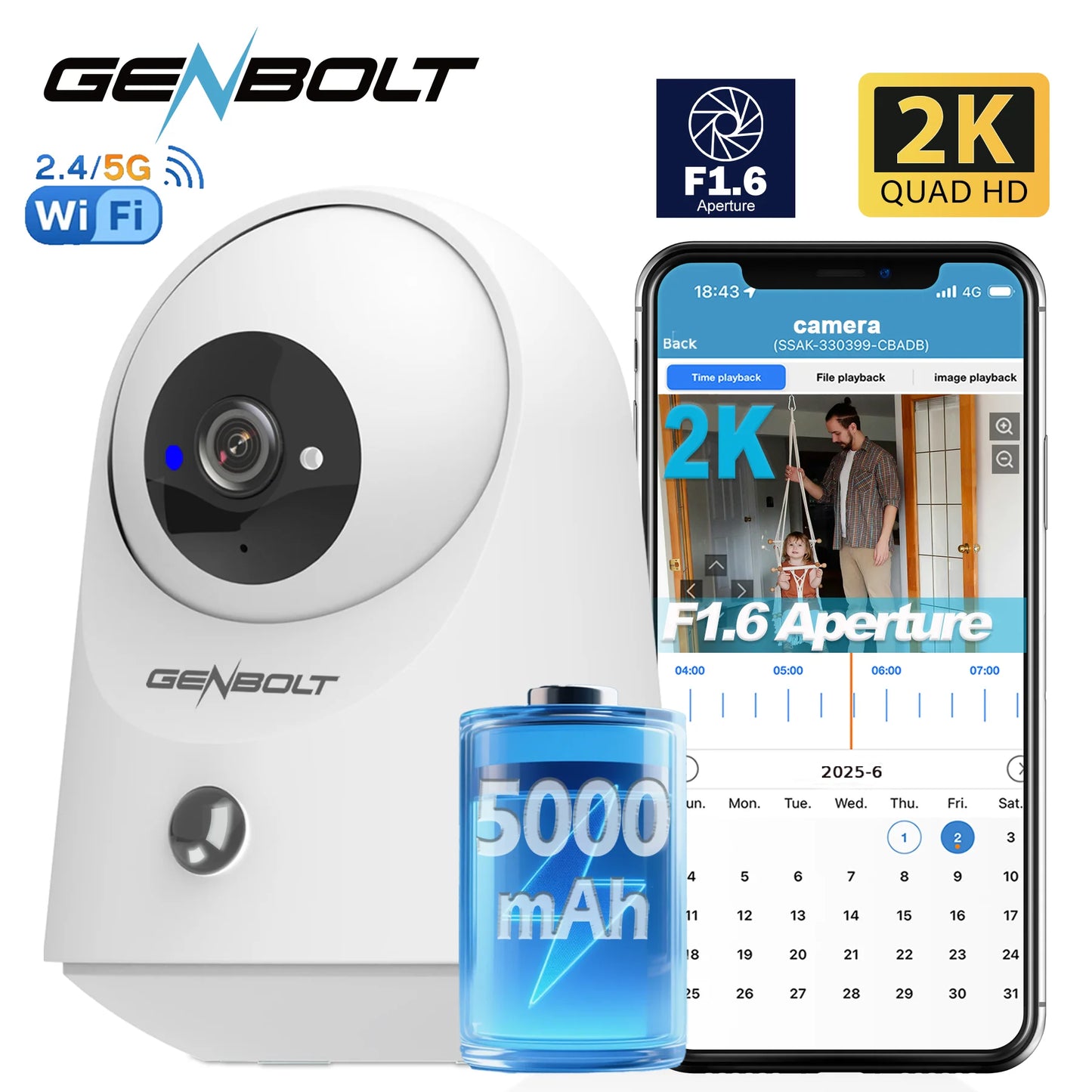 GENBOLT 2K WiFi Indoor House Security Camera Wireless, Pan Tilt Pet Camera with 5000mAh Battery Powered, IP Camera CCTV Nanny Dog Cam Baby Monitor with PIR Detection