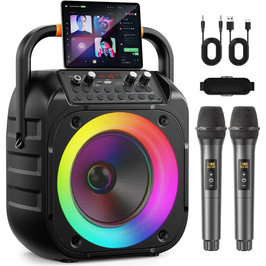 Bluetooth Karaoke Speaker, 2 Mics, Echo, LED Lights, PA Subwoofer, Multi-Media Formats