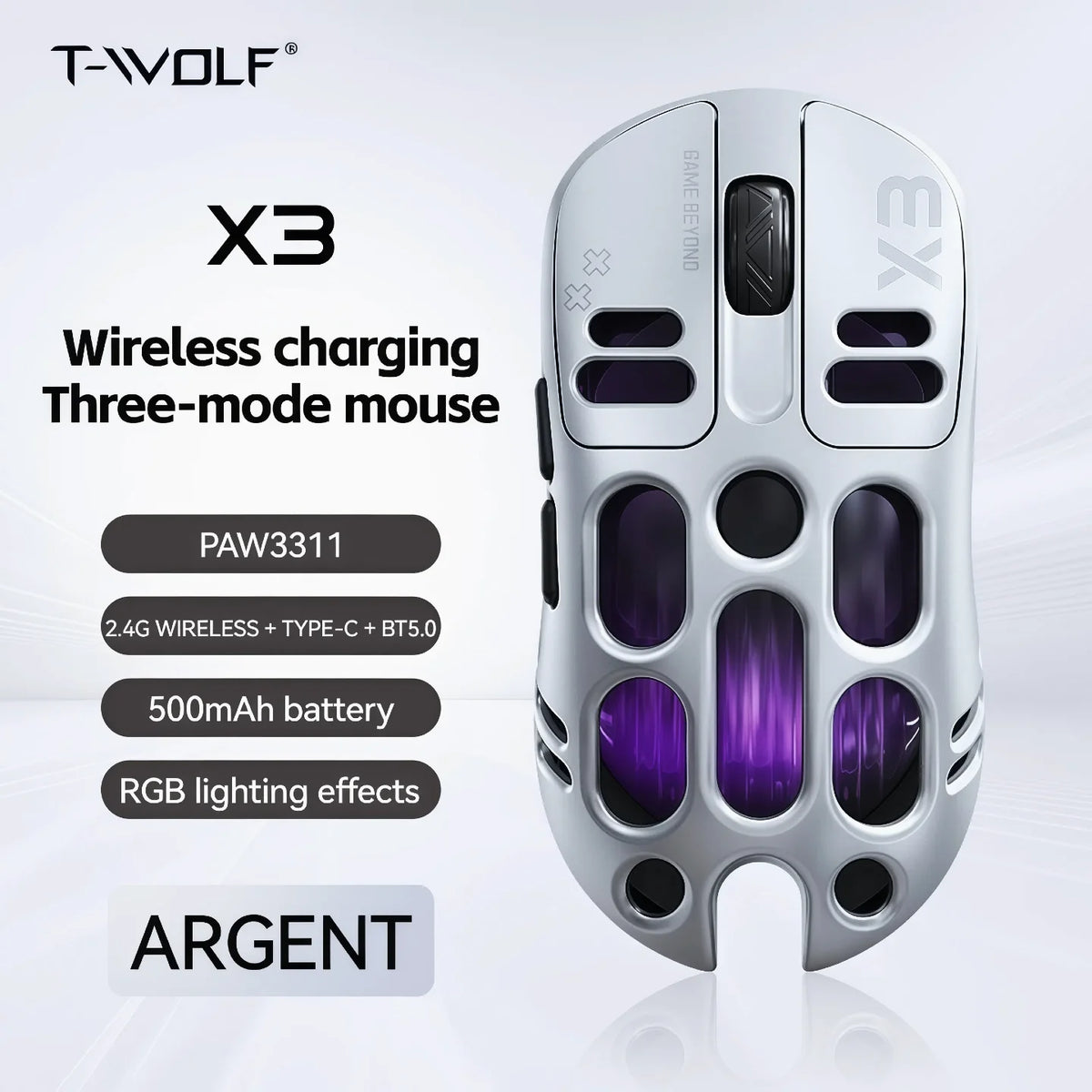 Wireless Gaming Mouse Tri-Mode BT5.1/2.4G/USB-C, 70g Lightweight RGB Rechargeable Mouse, 8000 DPI Sensor, 5 Programmable Buttons for PC Laptop