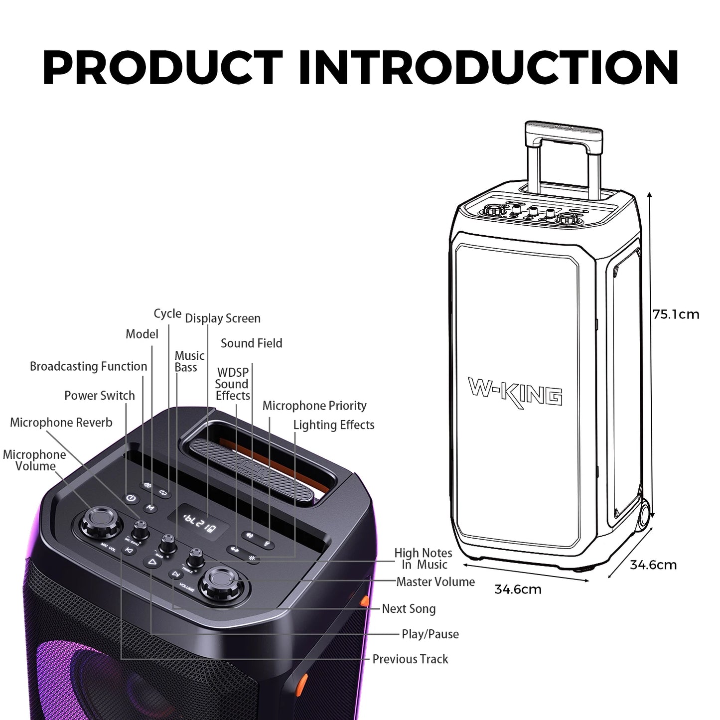 W-KING T12 Tragbare Bluetooth-Lautsprecher-Box mit 370W MAX Pro Sound, Lichtshow, CSB, Bass Boost, Rollen und Teleskopgriff