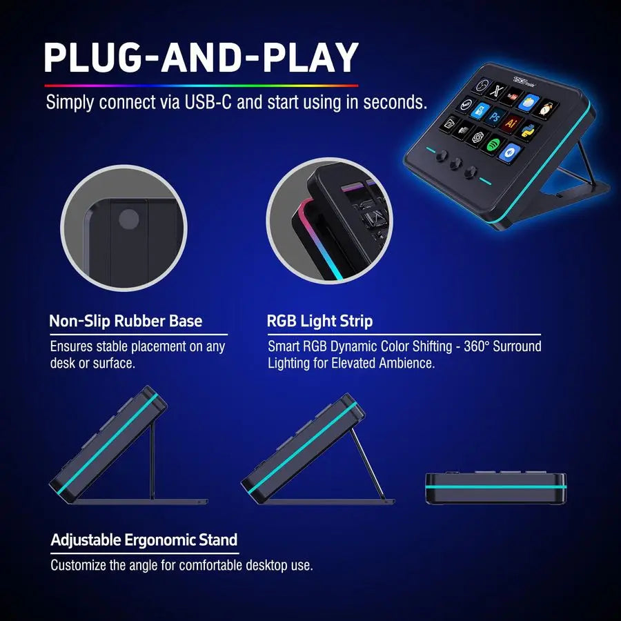 Macro Keypad, Stream Controller Deck Gaming Streaming Shortcut Keyboard, 18 Programmable Keys Customizable Visual AI Pad USB Sou
