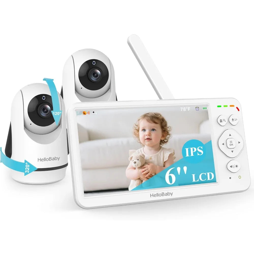 Baby Monitor with 2 Cameras, Large 6'' Video Baby Monitor No WiFi,30-Hour Long Battery, 320° Pan-Tilt Camera with 2X Zoom, Auto