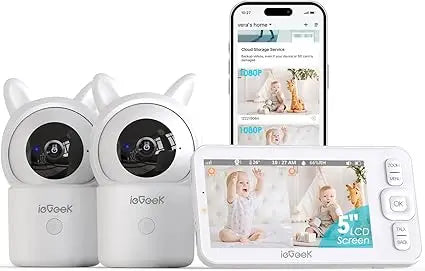 5" Split Screen Baby Monitor,HD Night Vision,2-Way Talk,Cry&Motion Detection,Temperature&Humidity Sensor,WiFi Baby Camera Monit