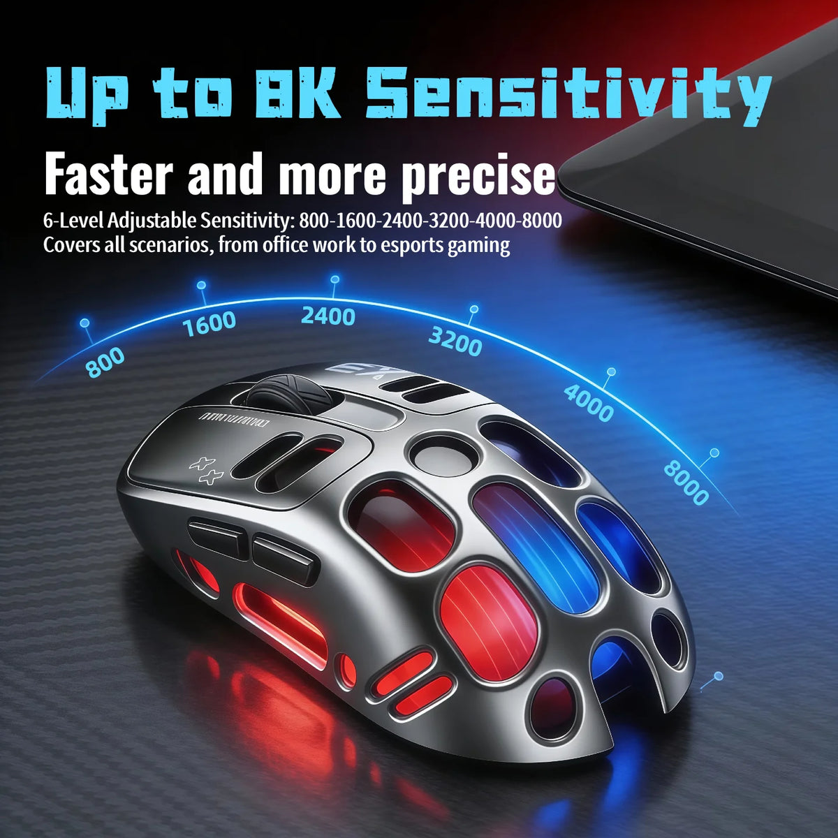Wireless Gaming Mouse Tri-Mode BT5.1/2.4G/USB-C, 70g Lightweight RGB Rechargeable Mouse, 8000 DPI Sensor, 5 Programmable Buttons for PC Laptop