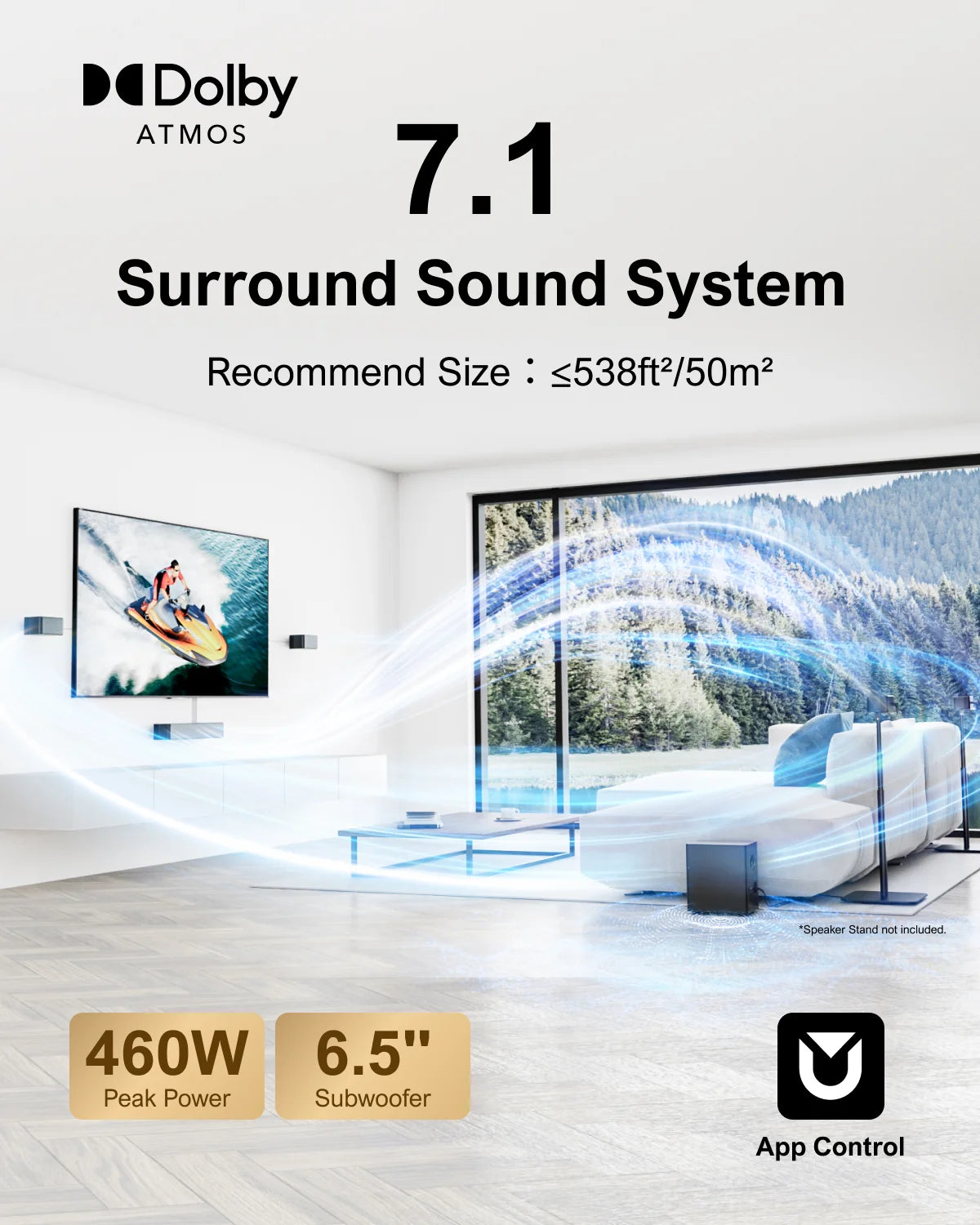 Surround Sound System Sound bar for TV with Dolby Atmos&APP Control, Home Cinema Bluetooth Speaker with Subwoofer