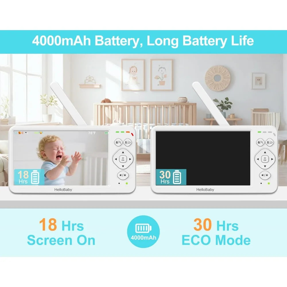 Baby Monitor with 2 Cameras, Large 6'' Video Baby Monitor No WiFi,30-Hour Long Battery, 320° Pan-Tilt Camera with 2X Zoom, Auto