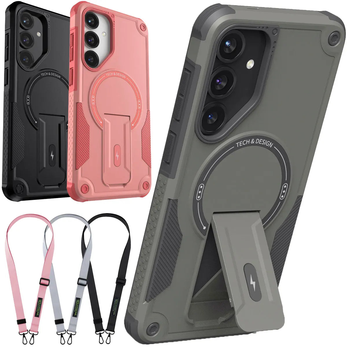 For Samsung Galaxy S25/Plus/Ultra/S25 Edge/S24/Plus/S24 Ultra Phone Case Shockproof Heavy Duty Kickstand Cover With Lanyard