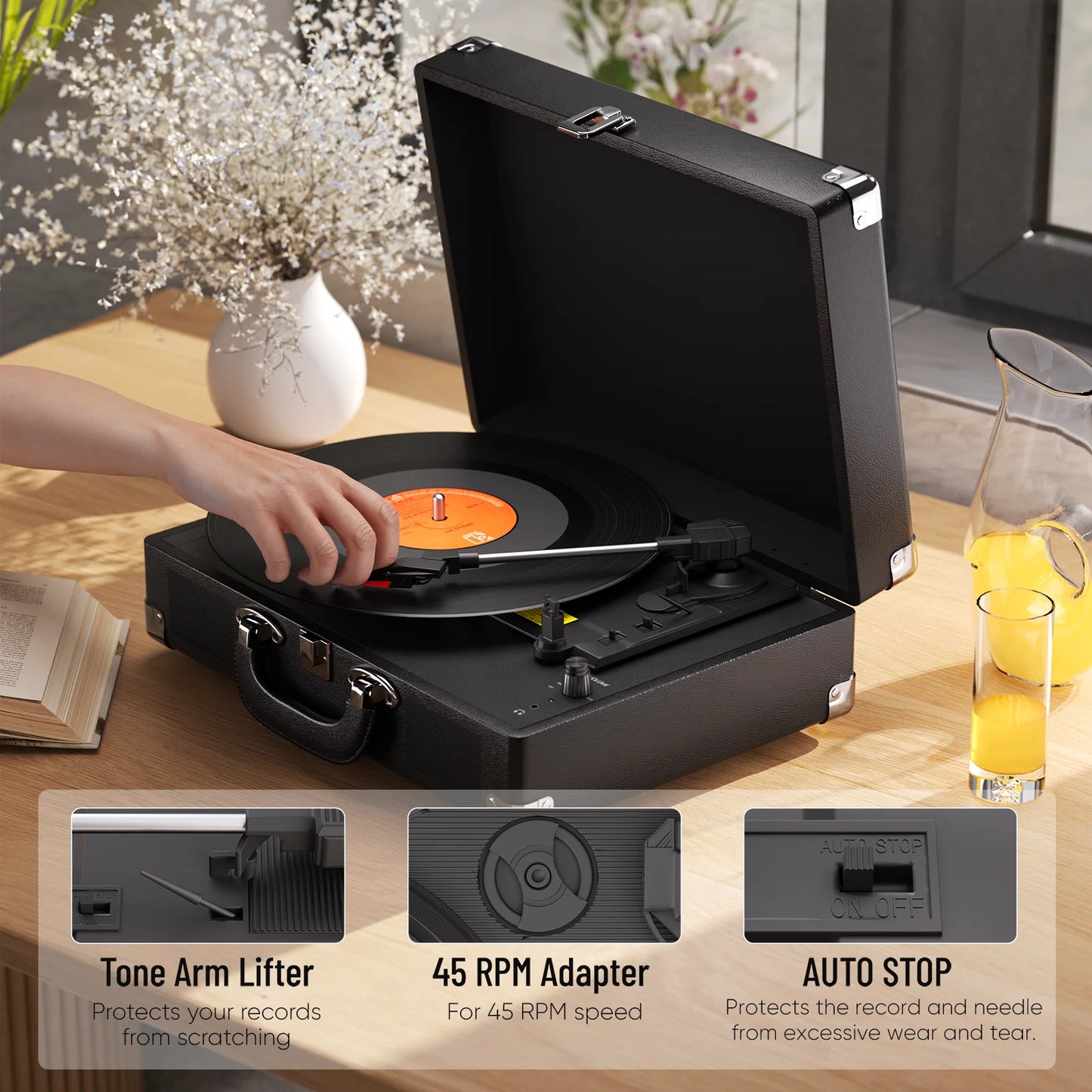 MAIO  Record Player, 3-Speed 33/45/78RPM Vinyl Spinner with 2 Built-in Stereo Speakers, Headphone Jack