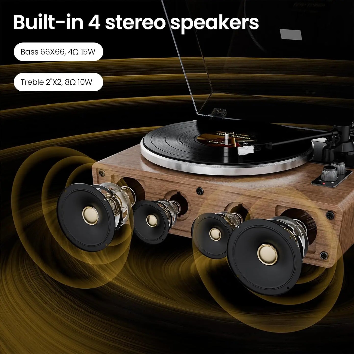 Vinyl Record Player with 4 Speakers and Bluetooth, 2-Speed Turntable with AUX In, RCA Out, Dust Cover