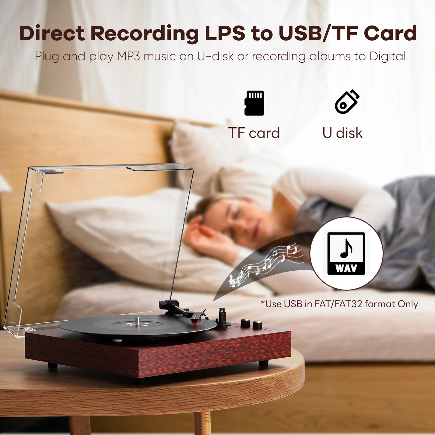 MAIO E300 Record Player, 3-Speed 33/45/78RPM Vinyl Spinner with 2 Built-in Stereo Speakers, Headphone Jack