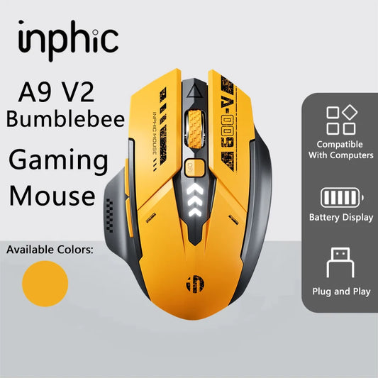 Inpic A9V2 Bumblebee Wireless Game Mouse Electromagnetic Power Display 12800DPI 6-Button Bluetooth 3-Mode Mouse for PC laptops
