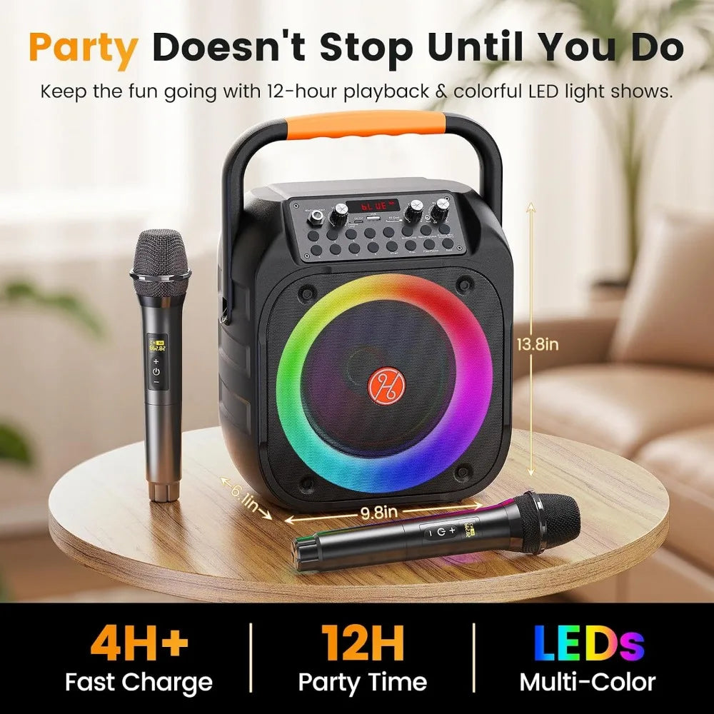 Bluetooth Karaoke Speaker, 2 Mics, Echo, LED Lights, PA Subwoofer, Multi-Media Formats