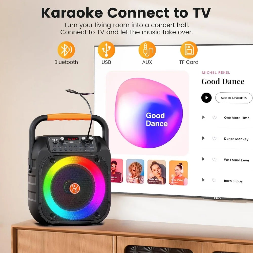 Bluetooth Karaoke Speaker, 2 Mics, Echo, LED Lights, PA Subwoofer, Multi-Media Formats