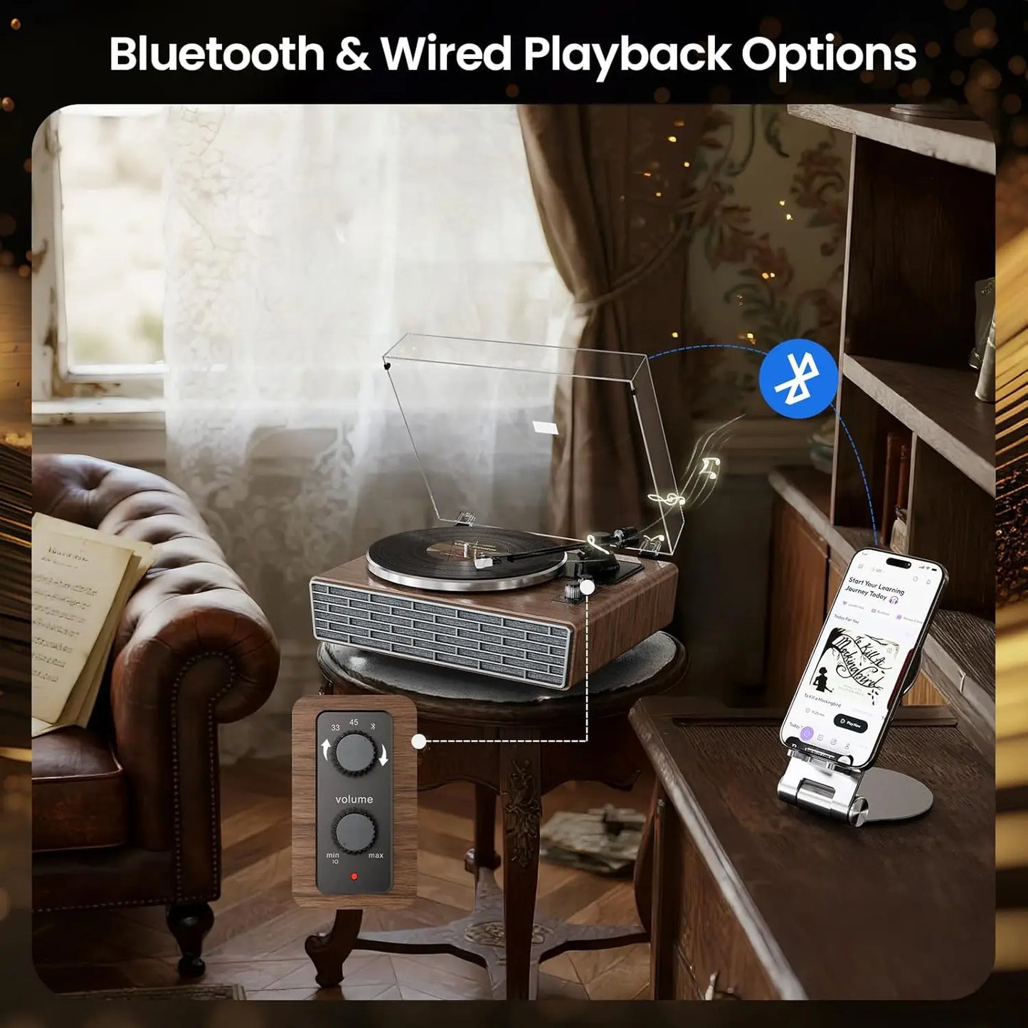 Vinyl Record Player with 4 Speakers and Bluetooth, 2-Speed Turntable with AUX In, RCA Out, Dust Cover