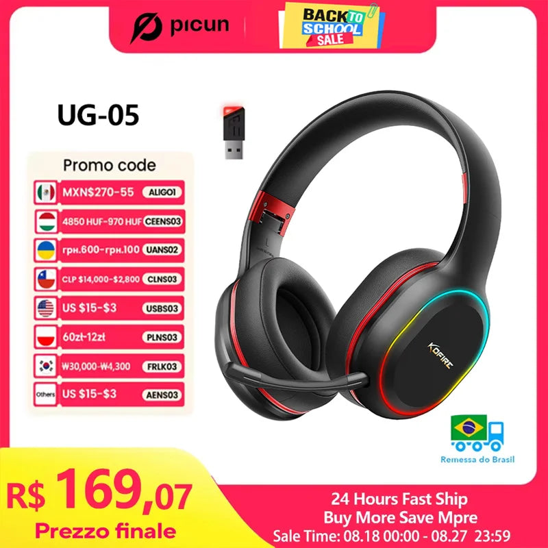 Kofire UG-05 Gaming Headphones 2.4G BT5.0 Wireless Headset With Mic RBG Light Vibration Bluetooth Earphone For PS4 PS5 PC Switch
