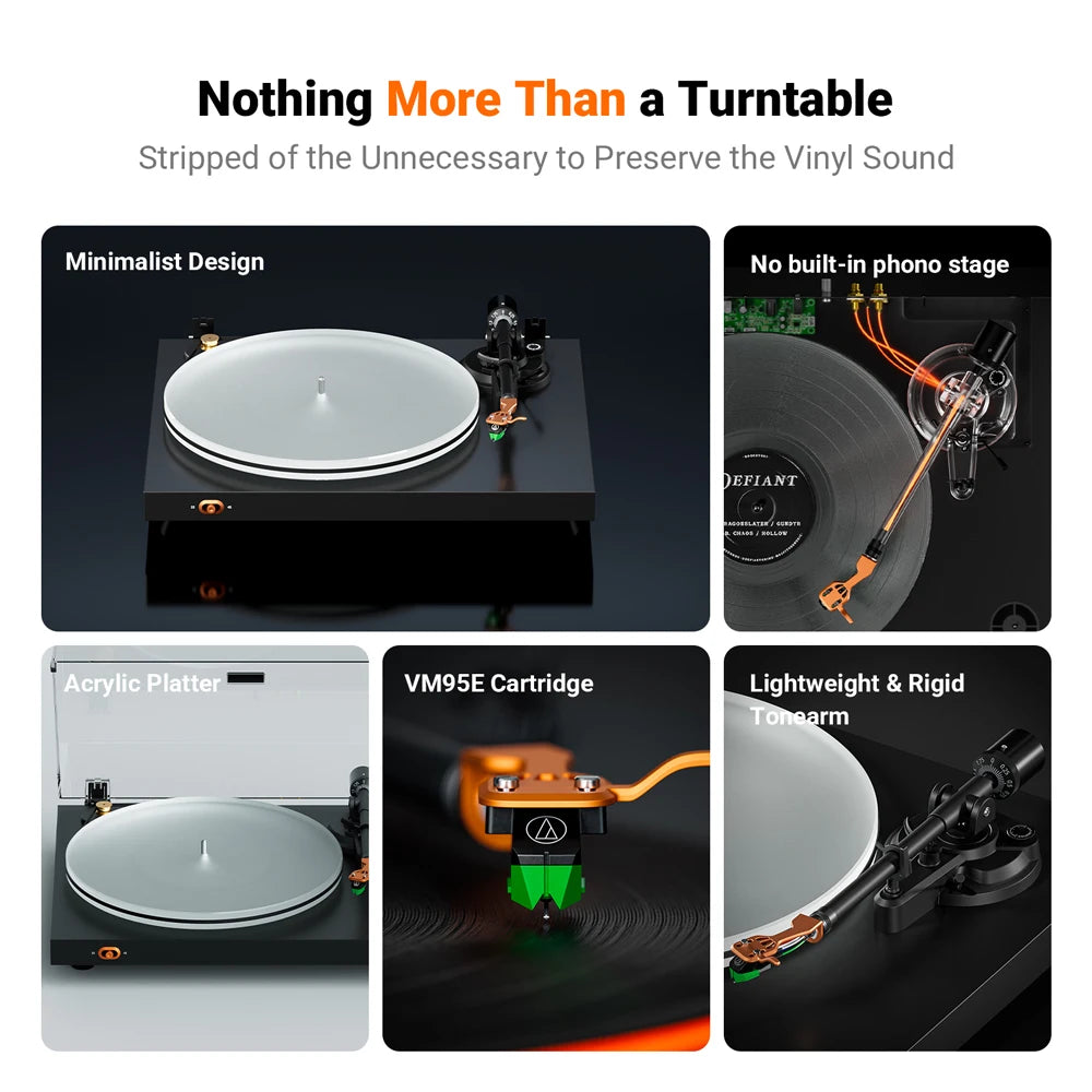 Fosi Audio LUNA 3 Vinyl Record Player HiFi Audio Decoder Belt-Drive Turntable with Servo Motor & Acrylic Platter VM95E Cartridge