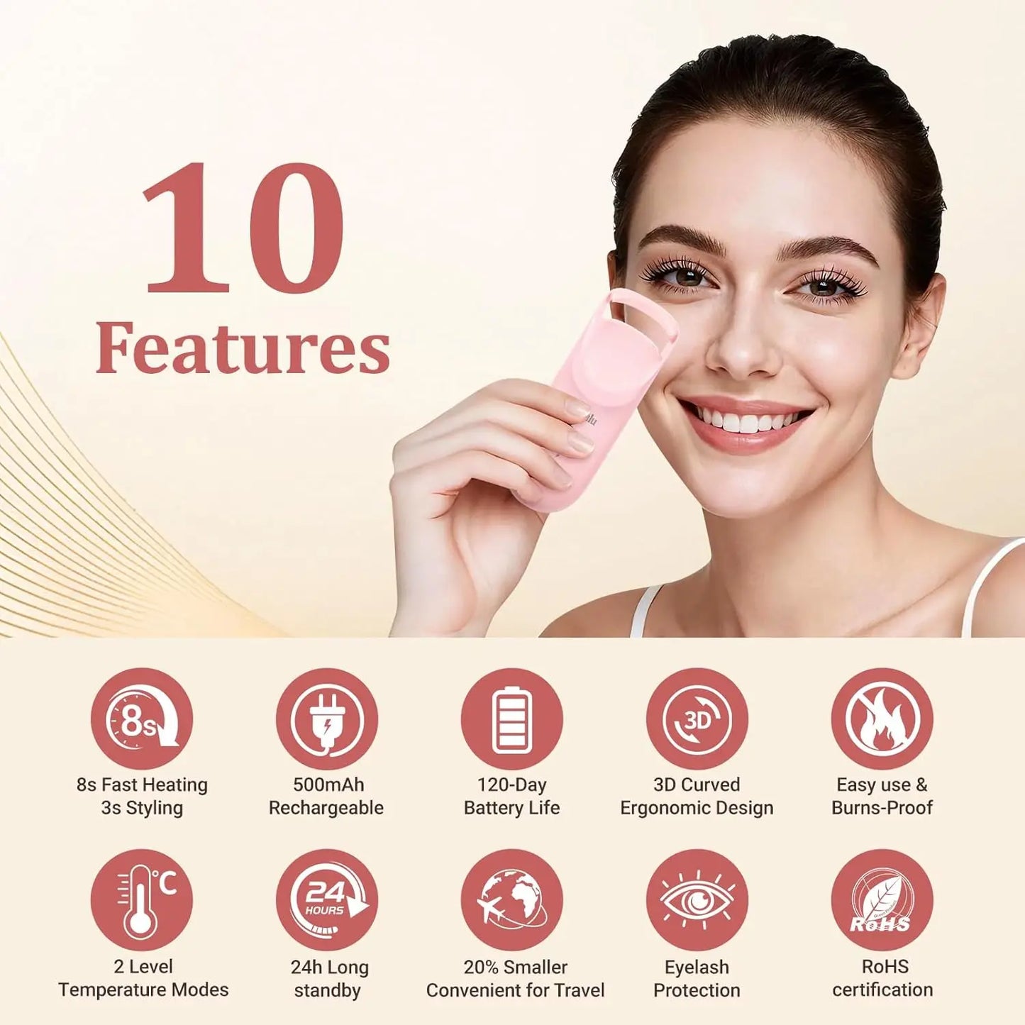 Mini Electric Eyelash Curler for Women: Fast Heating, Long-Lasting Curl, 2 Temp Levels, Safe Silicone Pad, USB-C Charging