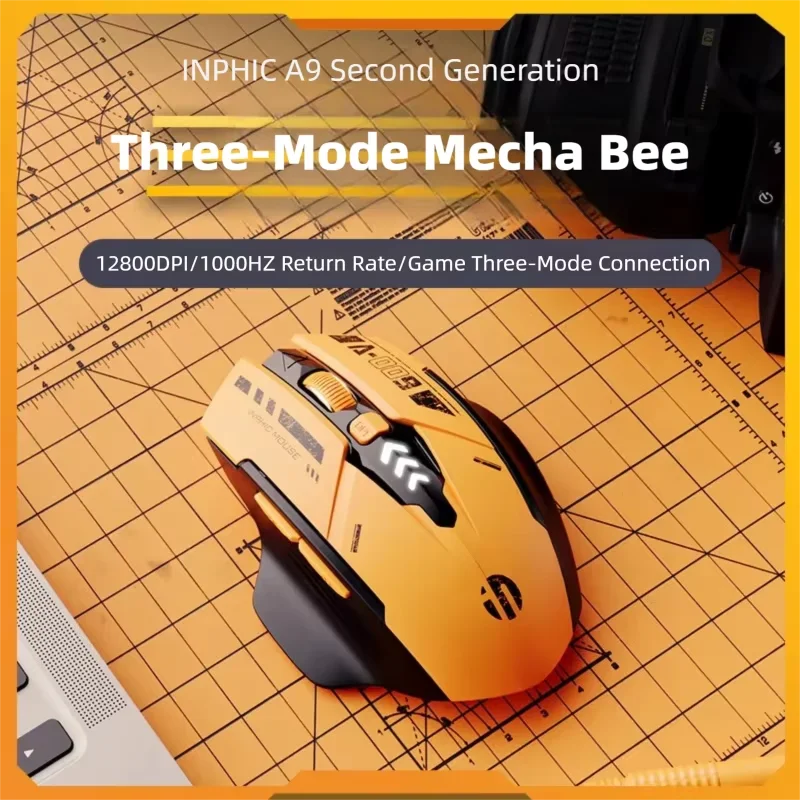 Inpic A9V2 Bumblebee Wireless Game Mouse Electromagnetic Power Display 12800DPI 6-Button Bluetooth 3-Mode Mouse for PC laptops