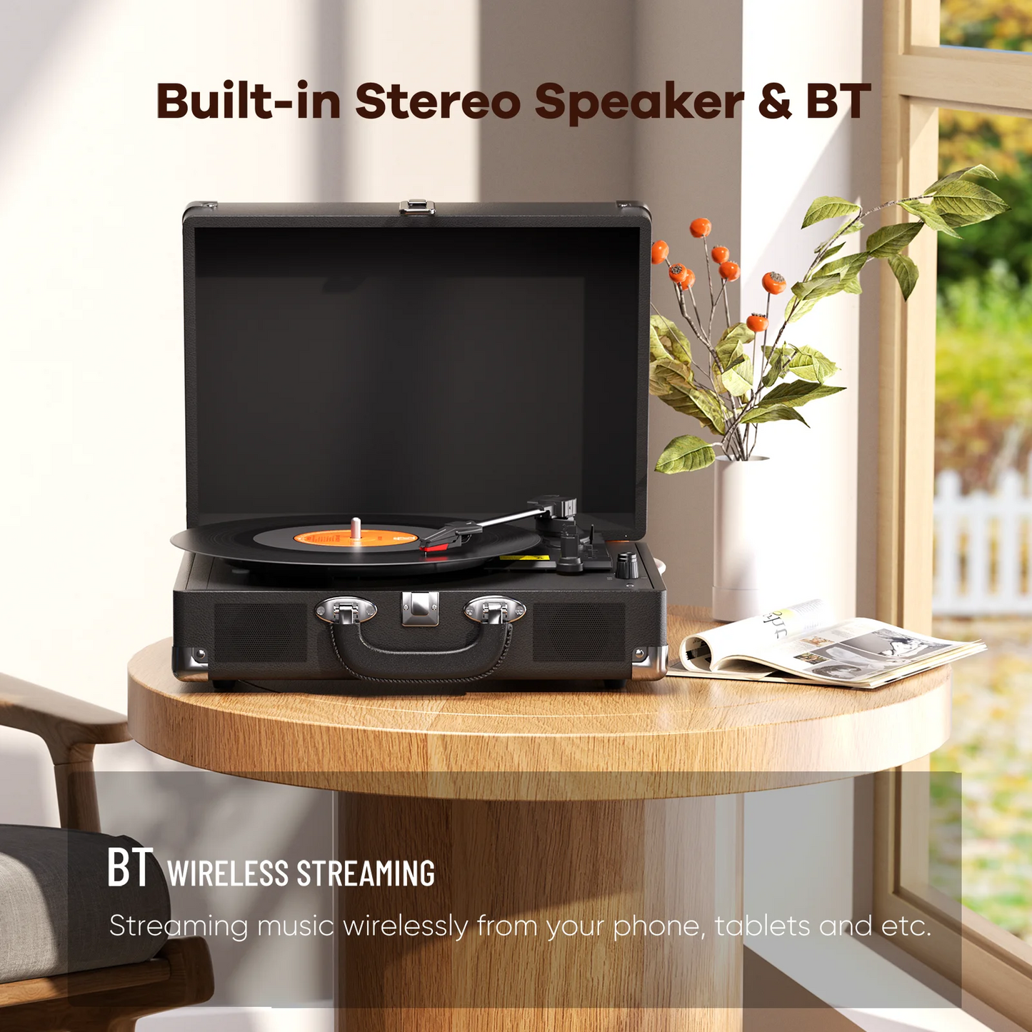 MAIO  Record Player, 3-Speed 33/45/78RPM Vinyl Spinner with 2 Built-in Stereo Speakers, Headphone Jack