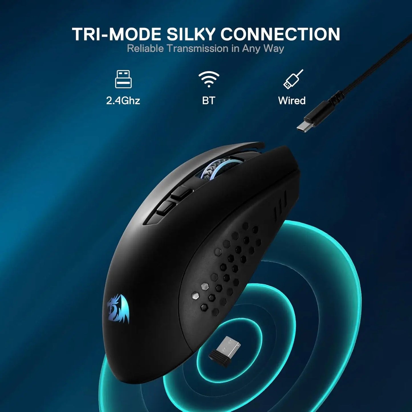 Redragon M656 MAX 3-Mode Wireless Gaming Mouse 10000 DPI Rechargeable Gaming Mice   5 DPI Levels, 7 Macro Buttons, RGB Backlight