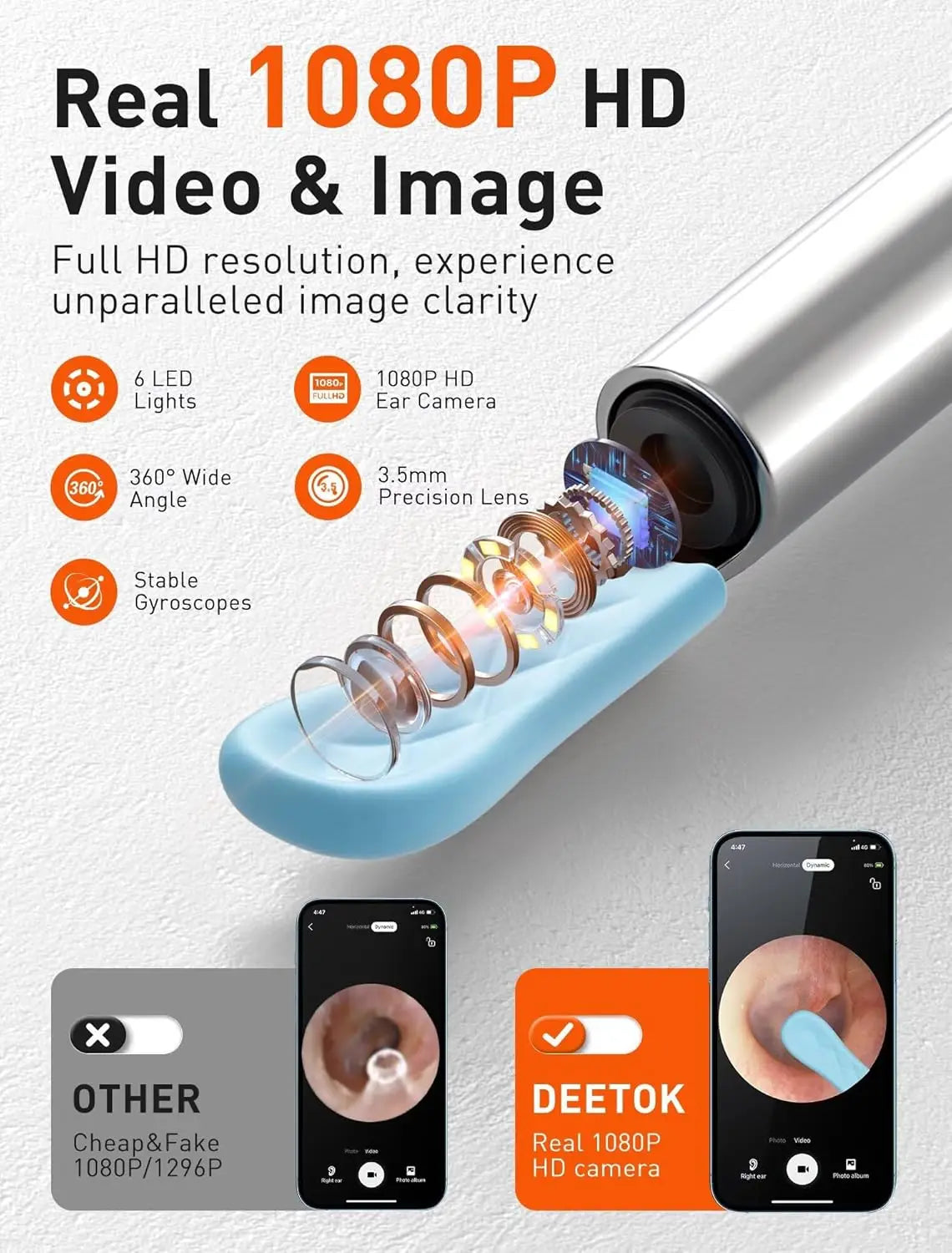 1080P HD Ear Wax Removal Tool Camera with 50 Tips, Otoscope for iPhone Android