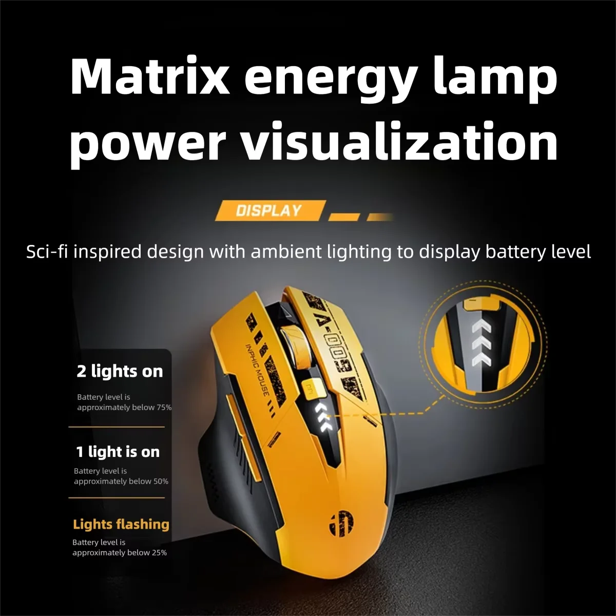 Inpic A9V2 Bumblebee Wireless Game Mouse Electromagnetic Power Display 12800DPI 6-Button Bluetooth 3-Mode Mouse for PC laptops