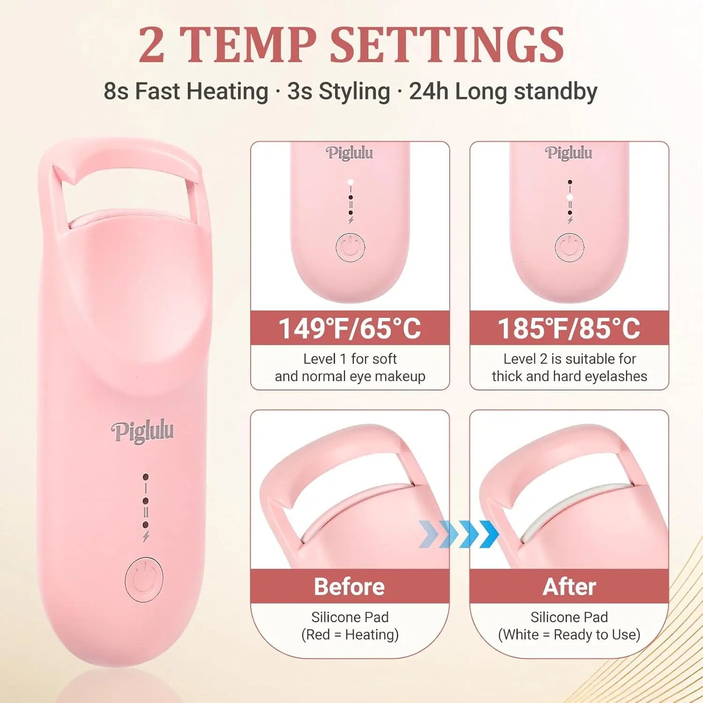 Mini Electric Eyelash Curler for Women: Fast Heating, Long-Lasting Curl, 2 Temp Levels, Safe Silicone Pad, USB-C Charging