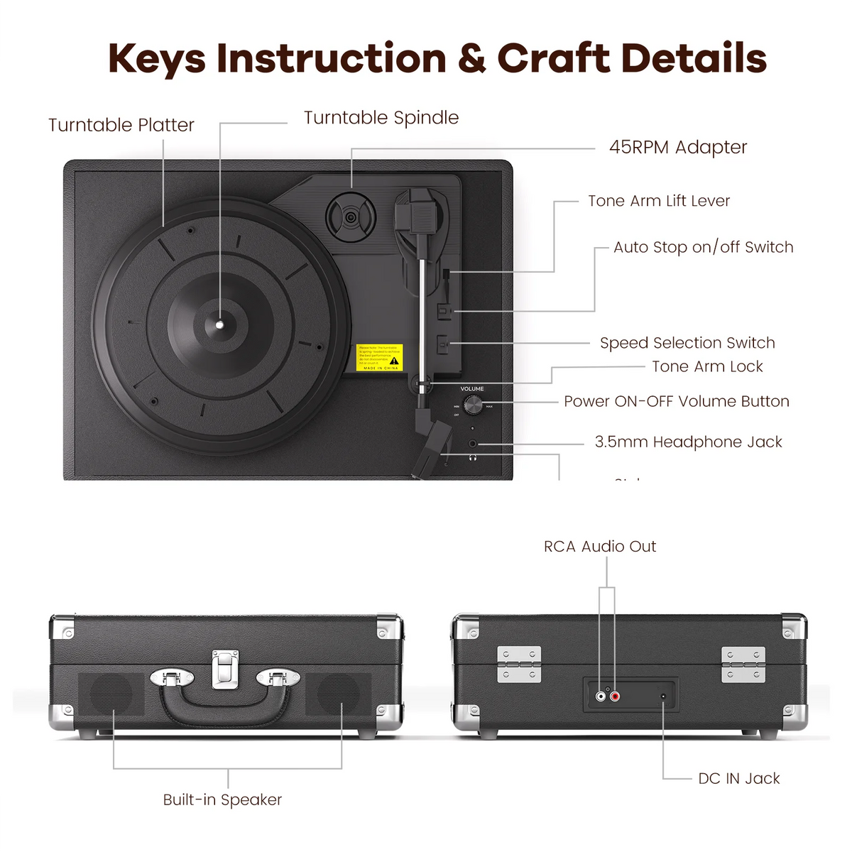 MAIO  Record Player, 3-Speed 33/45/78RPM Vinyl Spinner with 2 Built-in Stereo Speakers, Headphone Jack