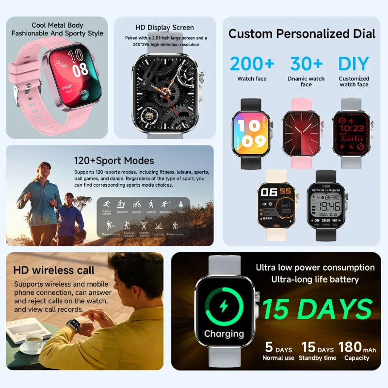 New Smartwatch with 2.01 Inch HD Display, Wireless Calling, Message Notifications, Weather Forecasts, Sports Tracker, LED Lighting,Alarm Clock, Suitable for Men, Women, for IPhone & Android