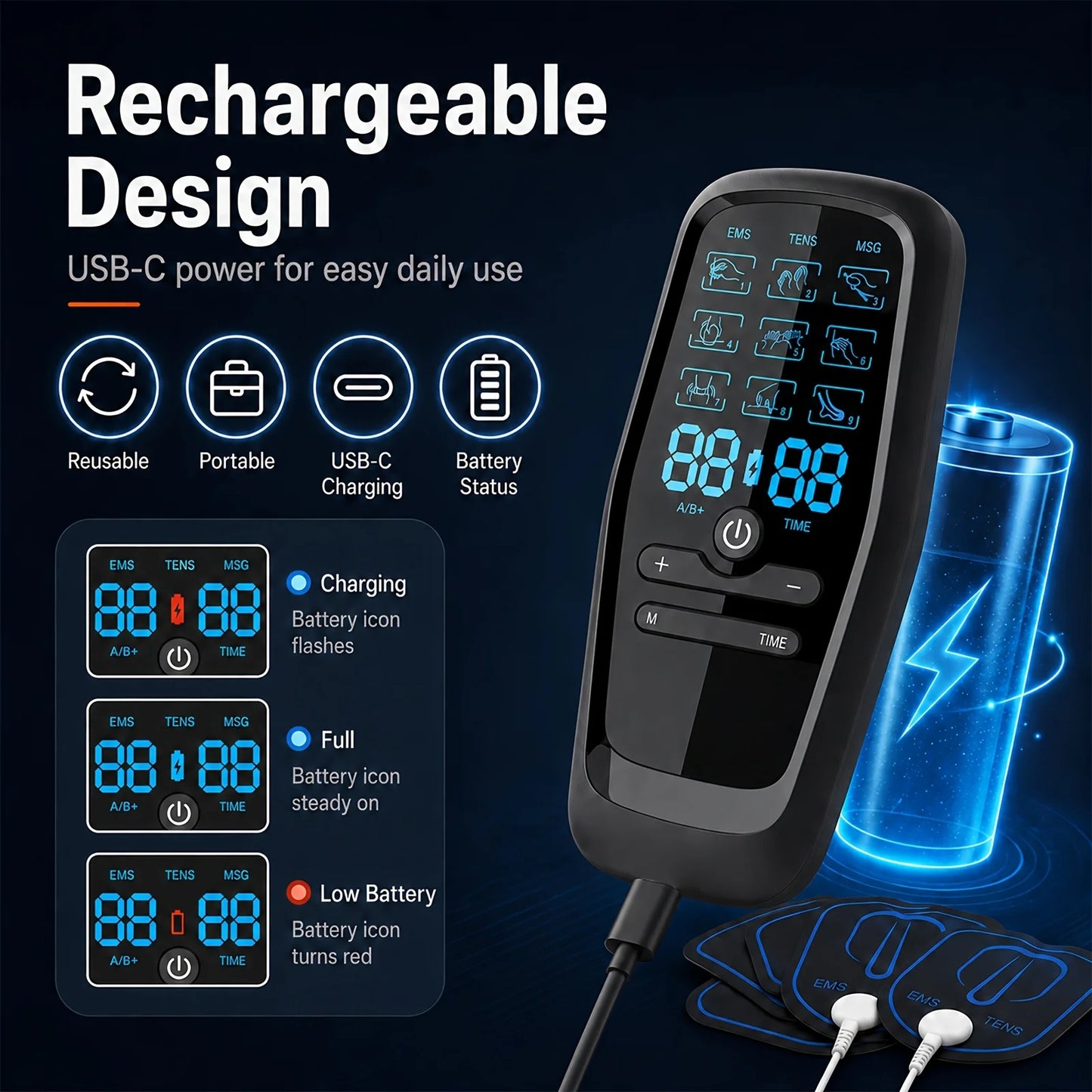 TENS Unit Muscle Stimulator, Rechargeable Dual Channel TENS EMS Machine, Back Neck Shoulder Leg