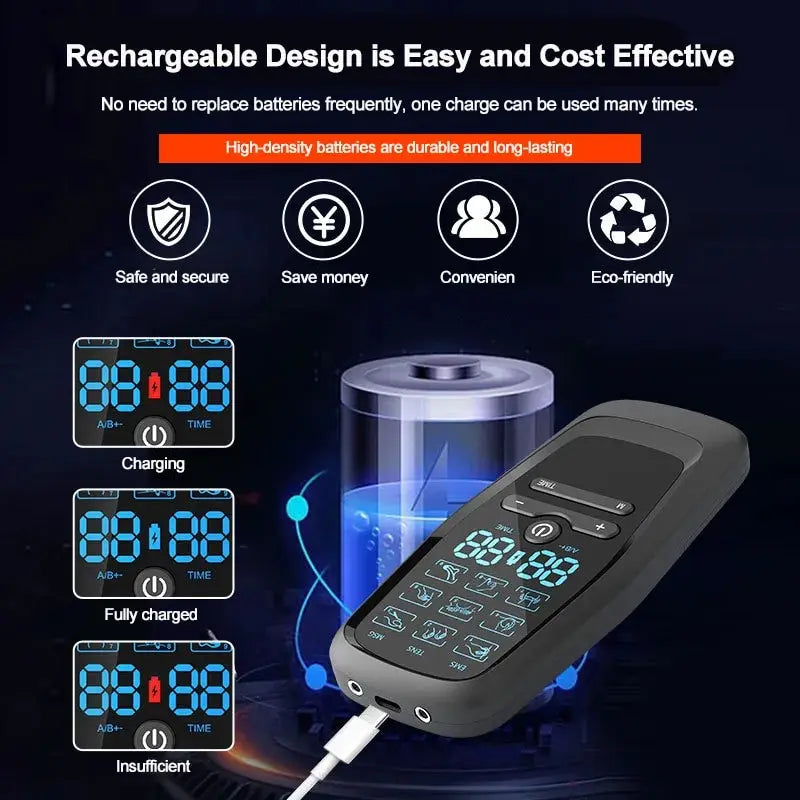 Tens Electric Pulse Massage TENS Massager EMS Muscle Stimulator Acupuncture Rechargable Dual Output Low Frequency Body Pain Relief