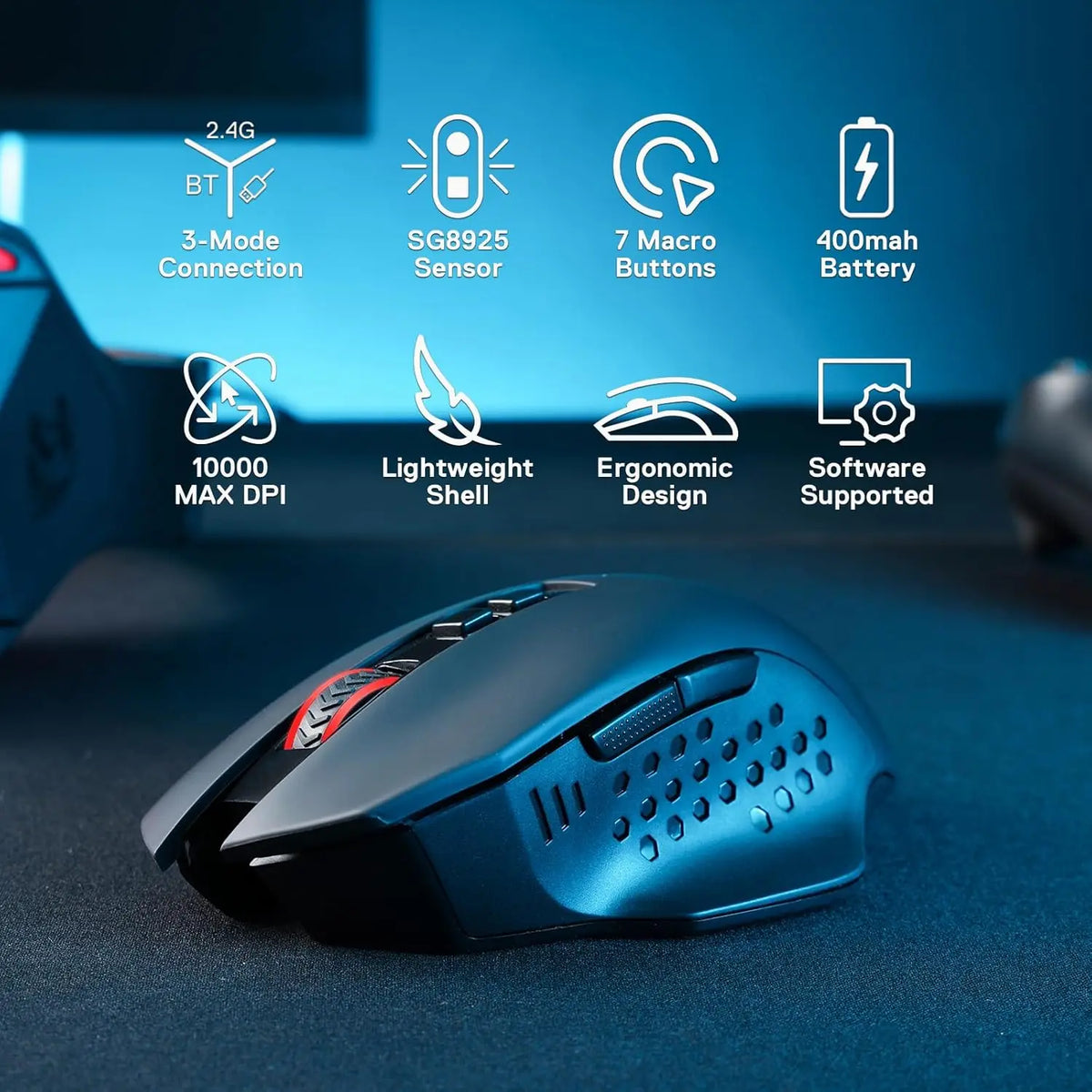 Redragon M656 MAX 3-Mode Wireless Gaming Mouse 10000 DPI Rechargeable Gaming Mice   5 DPI Levels, 7 Macro Buttons, RGB Backlight