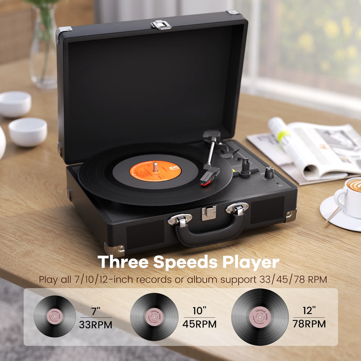 MAIO  Record Player, 3-Speed 33/45/78RPM Vinyl Spinner with 2 Built-in Stereo Speakers, Headphone Jack