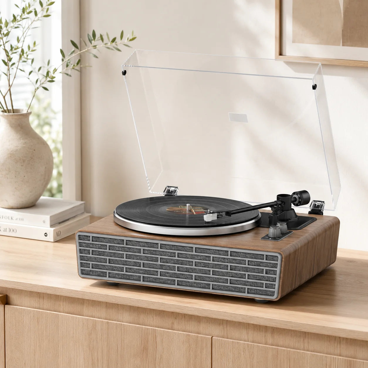 Vinyl Record Player with 4 Speakers and Bluetooth, 2-Speed Turntable with AUX In, RCA Out, Dust Cover