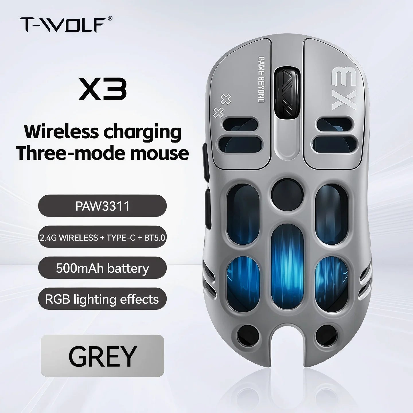 Wireless Gaming Mouse Tri-Mode BT5.1/2.4G/USB-C, 70g Lightweight RGB Rechargeable Mouse, 8000 DPI Sensor, 5 Programmable Buttons for PC Laptop
