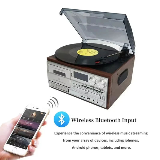 Retro 3-Speed Adjustable Multifunction Phonograph Vinyl Record Player with CD,Cassette,FM/AM Radio&Vintage Sound System EU Plug