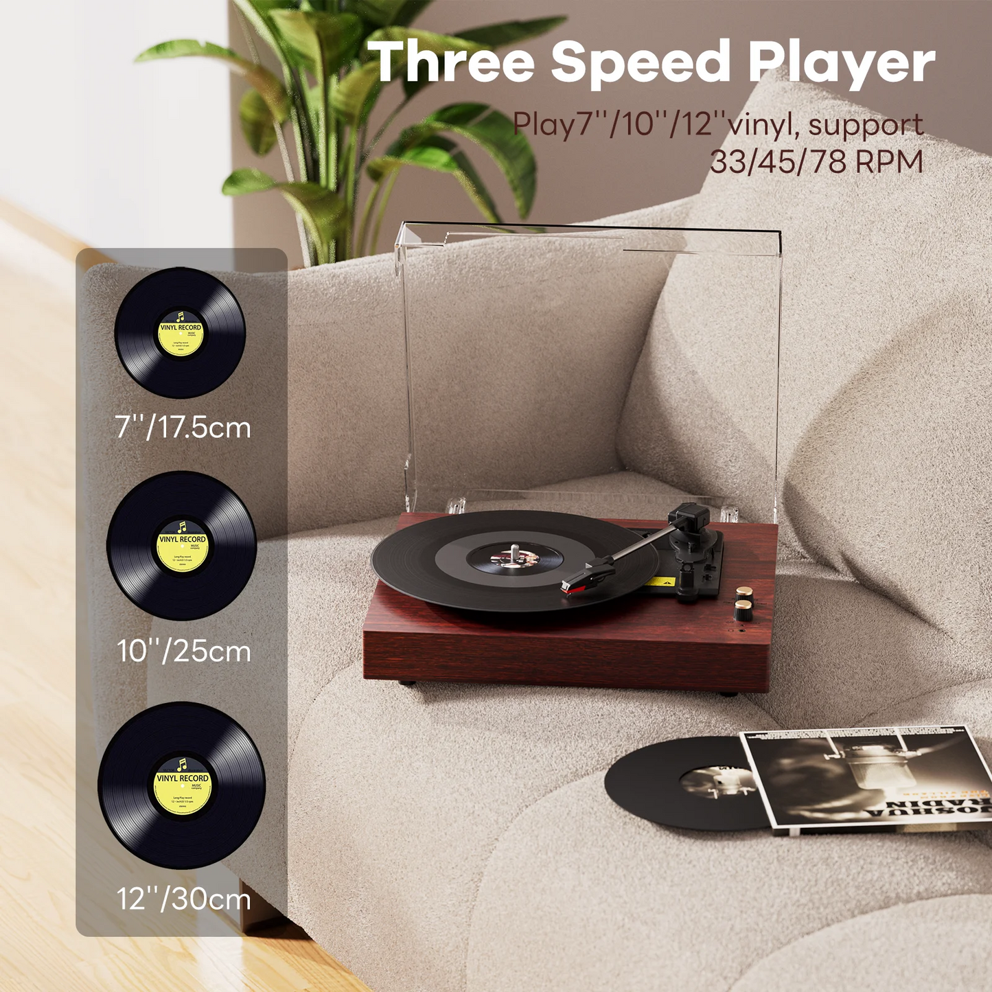 MAIO E300 Record Player, 3-Speed 33/45/78RPM Vinyl Spinner with 2 Built-in Stereo Speakers, Headphone Jack